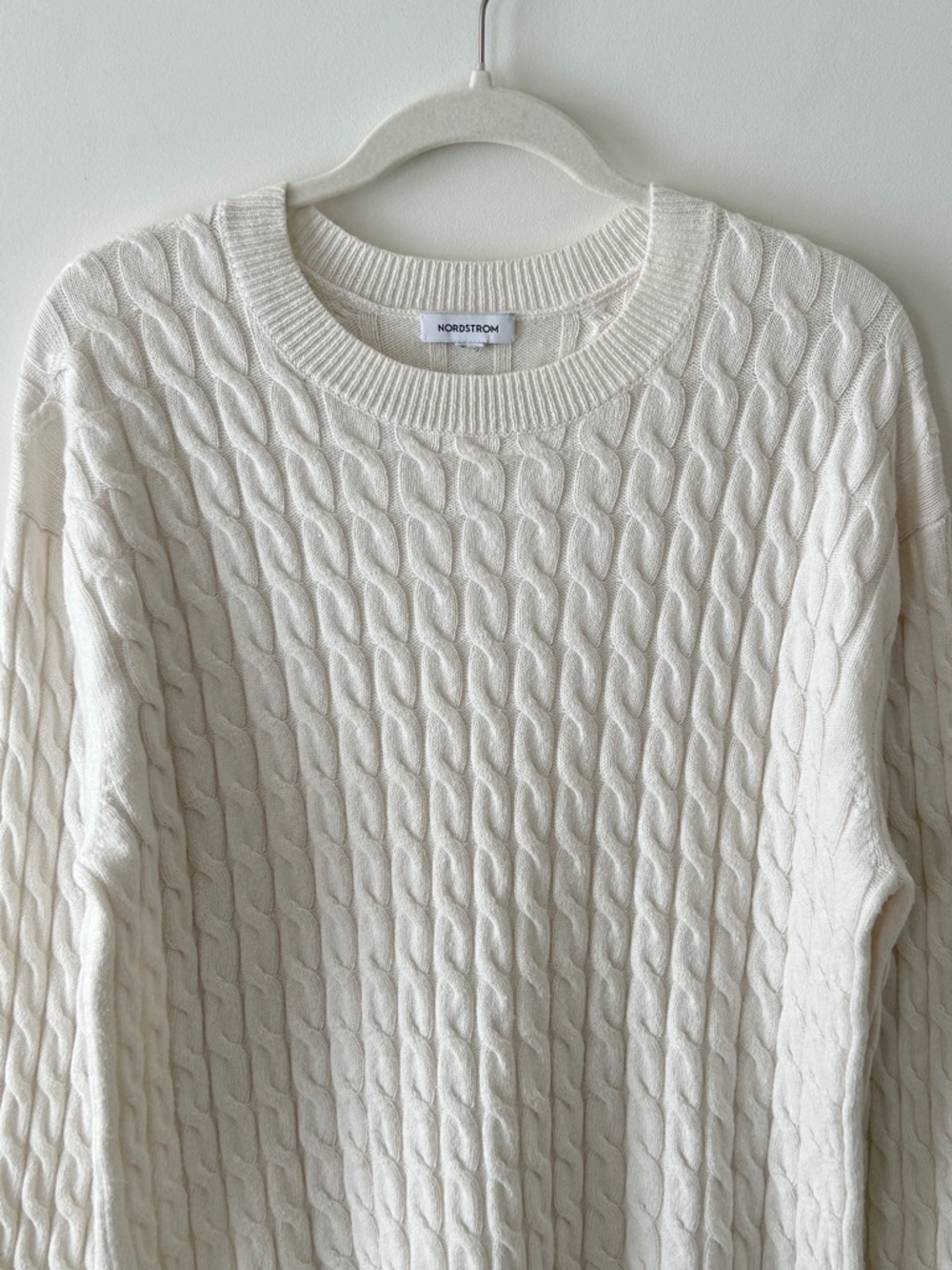 Nordstrom Cream White Organic Cotton & Merino Wool Cable Knit Crewneck Sweater - Picture 2 of 16